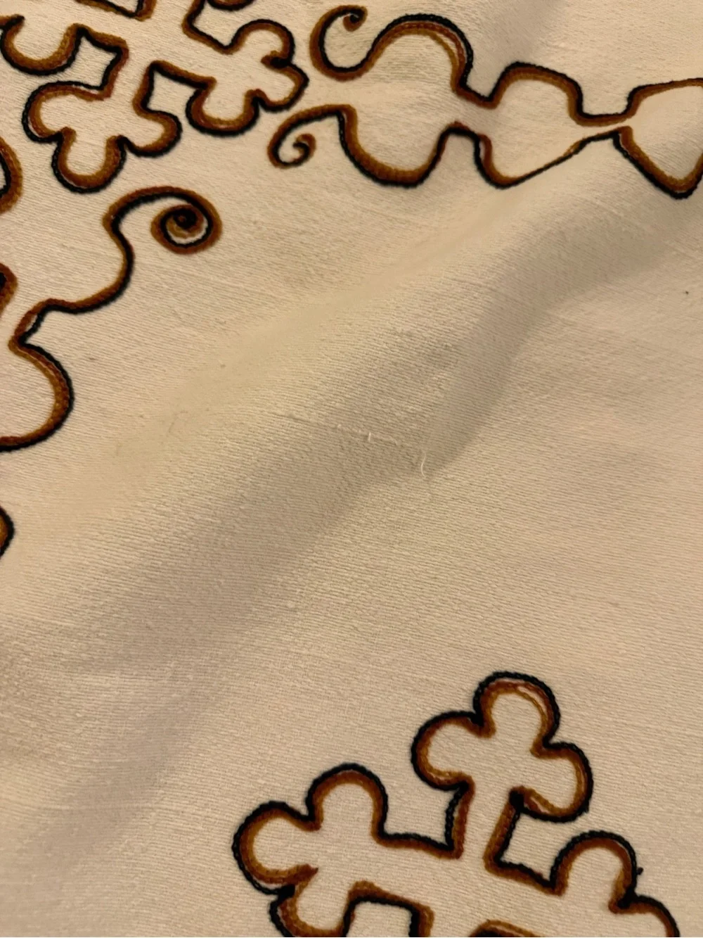 traditional white Ethiopian handwoven cotton blanket brown embroidered crosses